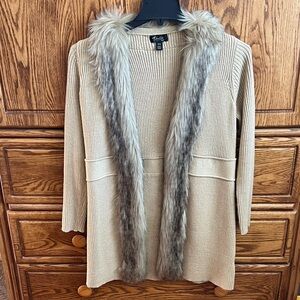 Thalia & Sodi Beige Cardigan with Faux Fur Trim